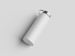 Blank white metal water bottle mockup, sport, tumbler, isolated, isometric view, 3d rendering. 