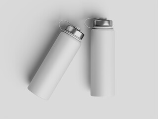 Blank white metal two water bottle mockup, sport, tumbler, isolated, top view, 3d rendering. 