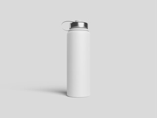 Blank white metal water bottle mockup, sport, tumbler, isolated, front view, 3d rendering. 