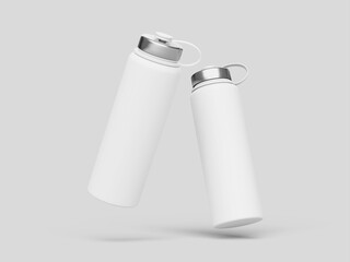 Blank white metal two water bottle mockup, sport, tumbler, isolated, front view, 3d rendering. 