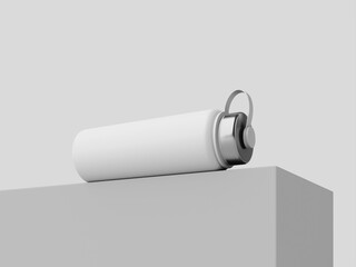 Blank white metal water bottle mockup, sport, tumbler, isolated, low angle view, 3d rendering. 