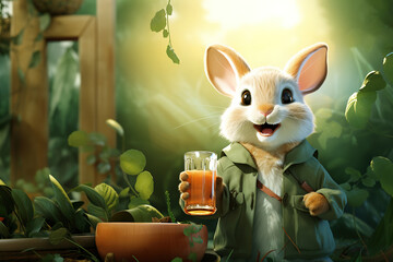 Adorable Cartoon Rabbit in Green Forest with carrot juice. Copyspace