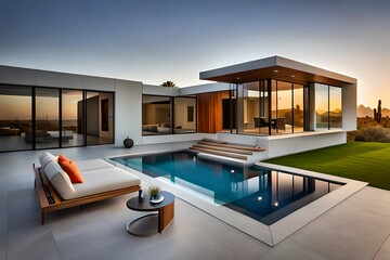 modern design of house with pool - obrazy, fototapety, plakaty