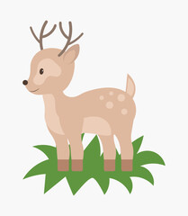 Cute baby deer standing on the grass. Flat style illustration