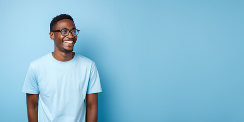 Attractive african american man wearing blue tshirt and glasses. Isolated on blue background.