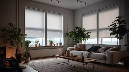 Obraz na płótnie Canvas Interior roller blinds are installed in the living room, featuring white colored roller shades on the windows. Within the same room, there are also a houseplant and a sofa present.