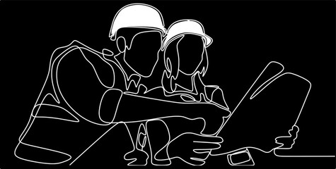 Single continuous line drawing of young construction manager giving instruction to builder coordinator. Building architecture business concept. One line draw design vector black background