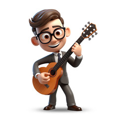 3D image cute young businessman character playing guitar