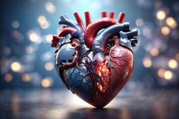 Human heart model on medicine background - obrazy, fototapety, plakaty