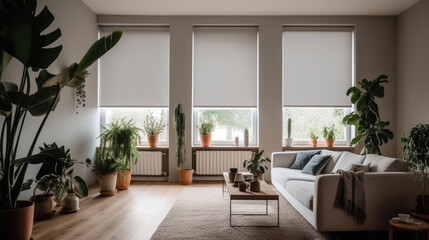 Interior roller blinds are installed in the living room, featuring white colored roller shades on the windows. Within the same room, there are also a houseplant and a sofa present.