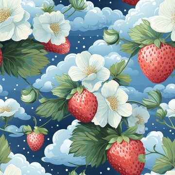 Seamless floral ornamental pattern. Strawberry with fruits and flowers on a blue background. Vector illustration.