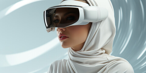 Hübsche Model Frau mit VR Brille 3D VR Metaverse mit futuristischem Hintergrund in Querformat als Banner, ai generativ