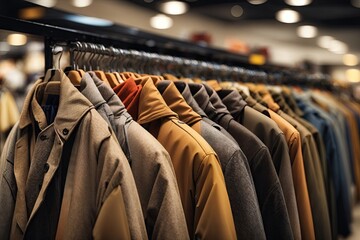 Men suits and coats in a store background - obrazy, fototapety, plakaty