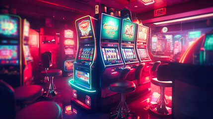 Inside a luminous casino machine, an array of lights intertwine, casting an enchanting glow that embodies the allure of chance. - obrazy, fototapety, plakaty