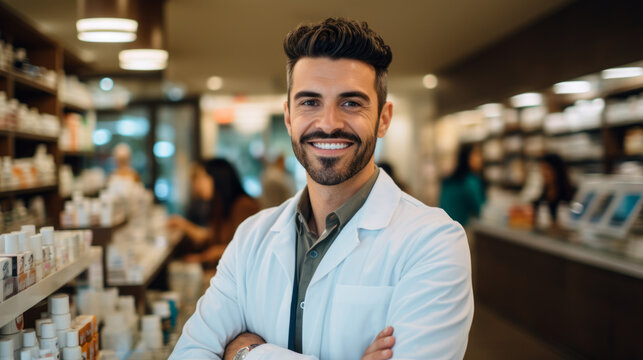 Friendly and approachable male pharmacist is depicted in this portrait, his warm smile reflecting his dedication to providing excellent customer service and expert pharmaceutical advice.