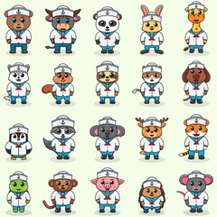 Vector Illustration of Cute Animal character wearing a sailors costume. Big set of cute cartoon children in professions. Cartoon flat style.