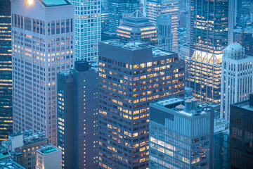 New York City in twilight aerial, Midtown Manhattan, USA