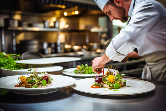 A chef preparing dishes in a gourmet restaurant