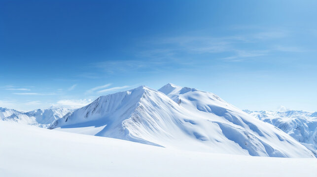 Wide Angle View Landscape Of White Snowy Mountains Range With Clear Blue Sky During Cold Winter. Nature Concept For Extreme Lifestyle Product Background