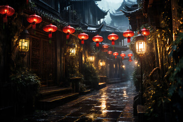 Old chinese town with narrow streets in a rainy day