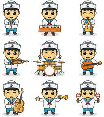 Vector Illustration of Cute Boy sailors playing Music. Big set of cute cartoon children in professions. Cartoon flat style.