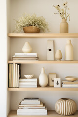 Wooden shelves on a light wall in a Japandi style interior.