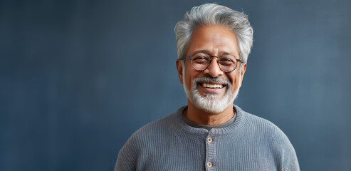 Indian man in 70s, short grey hair, blue background