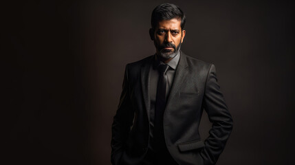 Indian man in 40s, short black hair, black business suit