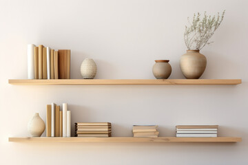 Wooden shelves on a light wall in a Japandi style interior.