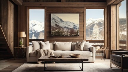 alpine cabin interior living room space, rustic-inspired design, modern furniture, painting canvas on the wall