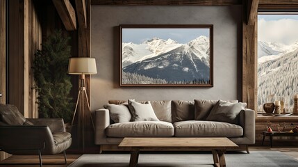alpine cabin interior living room space, rustic-inspired design, modern furniture, painting canvas on the wall