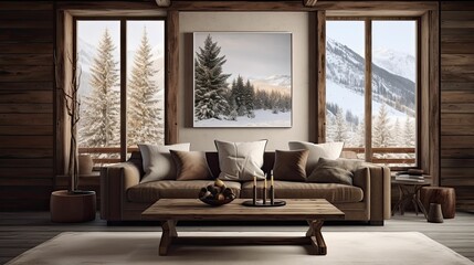 alpine cabin interior living room space, rustic-inspired design, modern furniture, painting canvas on the wall