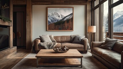 alpine cabin interior living room space, rustic-inspired design, modern furniture, painting canvas on the wall