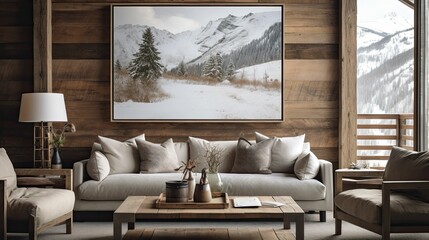 alpine cabin interior living room space, rustic-inspired design, modern furniture, painting canvas on the wall