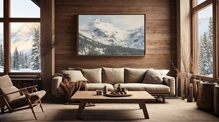 alpine cabin interior living room space, rustic-inspired design, modern furniture, painting canvas on the wall
