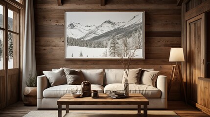 alpine cabin interior living room space, rustic-inspired design, modern furniture, painting canvas on the wall