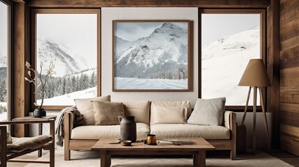 alpine cabin interior living room space, rustic-inspired design, modern furniture, painting canvas on the wall - obrazy, fototapety, plakaty
