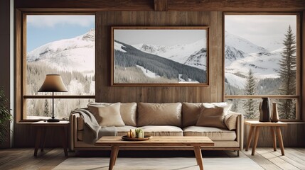 alpine cabin interior living room space, rustic-inspired design, modern furniture, painting canvas on the wall