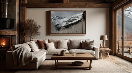 alpine cabin interior living room space, rustic-inspired design, modern furniture, painting canvas on the wall