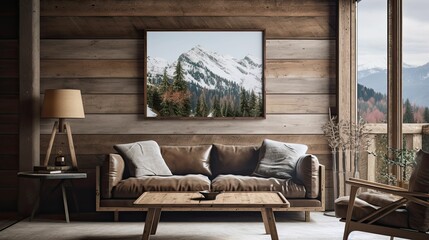 alpine cabin interior living room space, rustic-inspired design, modern furniture, painting canvas on the wall