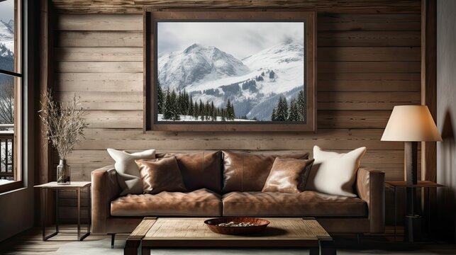 Alpine Cabin Interior Living Room Space, Rustic-inspired Design, Modern Furniture, Painting Canvas On The Wall