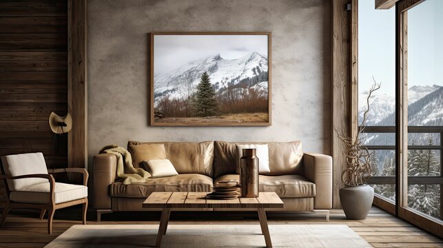 alpine cabin interior living room space, rustic-inspired design, modern furniture, painting canvas on the wall