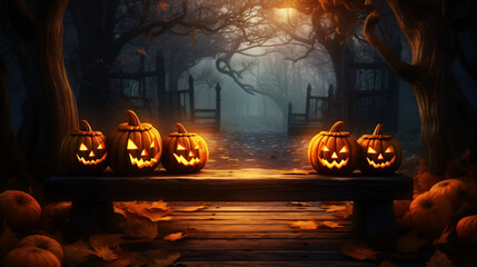 A spooky forest sunset with a haunted evil glowing eyes of Jack O' Lanterns on the left of a wooden bench on a scary halloween night - obrazy, fototapety, plakaty