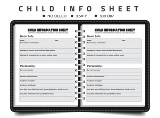 Child Info Sheet, First Day of School, New Student Information. 