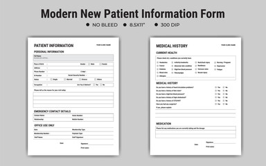 Modern New Patient Information Form, Medical History Record, Document Template, Medical Clinic Form