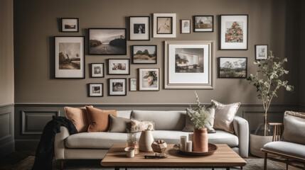 Fototapeta premium Living room gallery wall, home decor and wall art, framed art in the English country cottage interior, room for diy printable artwork mockup and print shop.