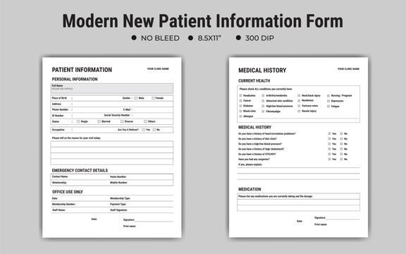 Modern New Patient Information Form, Medical History Record, Document Template, Medical Clinic Form