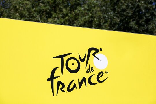 Chatillon, France - July 14, 2023: Logo of Tour de France cycling on a wall. The Tour de France is an annual multiple stage bicycle race primarily held in France