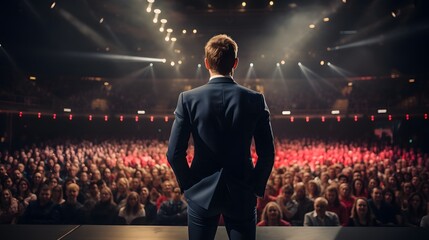 Motivational speaker standing on stage in front of audience for motivation speech on conference or business event.	