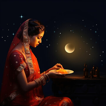 Indian karwachauth festival celebration in the moon light,